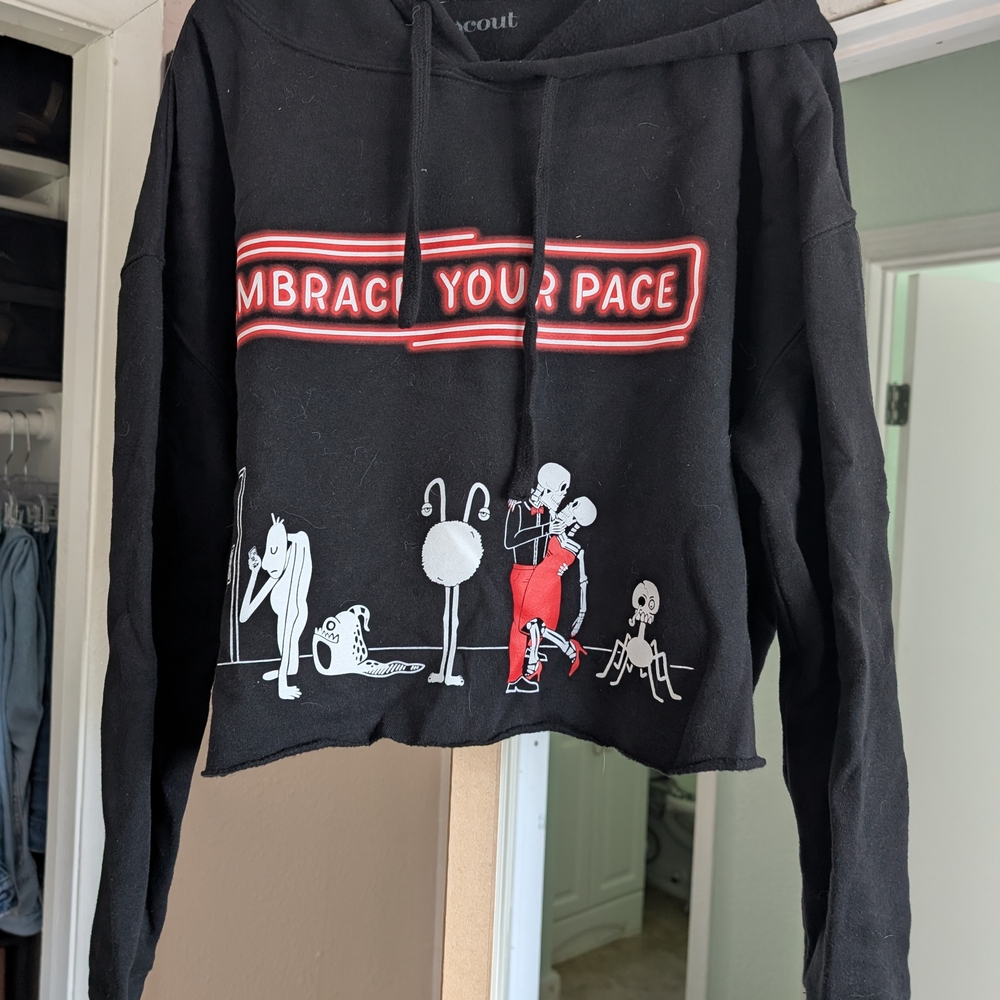 Black Cropped Hoodie with Graphic Design